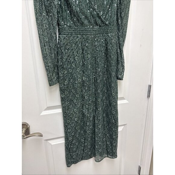 New Mac Duggal Size 2 Green 93676 Beaded Long Sleeve V-Neck Midi Cocktail Dress - Picture 7 of 14